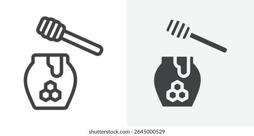 Honey jar with dipper icon Outline vector sign