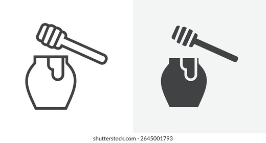 Honey jar with dipper icon Outline vector sign