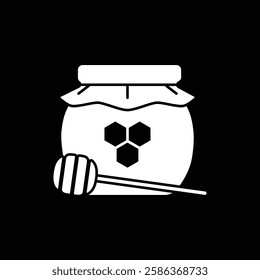 Honey Jar with Honey Dipper icon. Sweet Natural Honey Illustration on Black Background.