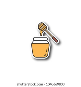 Honey jar with dipper patch. Color sticker. Vector isolated illustration