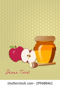 Honey Jar, Dipper & Red Apples Greeting card design vector template. Jewish New Year greeting card with holiday symbols. Greeting text Shana tova! Editable eps10 contains the Honeycomb pattern swatch 