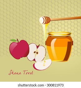 Honey Jar, Dipper & Red Apples Greeting card design vector template. Jewish New Year card with holiday symbols. Greeting text Shana tova! Original Honeycomb pattern is complete, masked. Editable