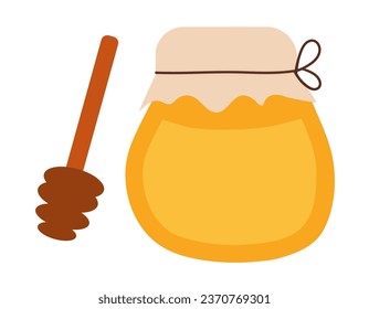 Honey jar with dipper spoon. Vector flat illustration.