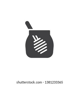 Honey jar with dipper vector icon. filled flat sign for mobile concept and web design. Glass jar of honey with wooden drizzler glyph icon. Symbol, logo illustration. Pixel perfect vector graphics