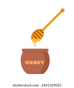 Honey jar and Dipper. Wooden dipper, honey stick or spoon with round part. Honey pot. Natural sweet organic product from apiary farm. Vector illustration