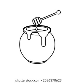 Honey Jar with Dripping Honey Dipper Line Icon. Sweet Natural Honey Illustration on White Background.