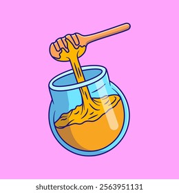 Honey Jar With Dripping Spoon Cartoon Vector Illustration. Food Object Concept. Flat Cartoon Outline Style.