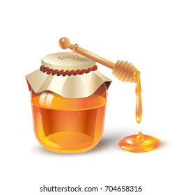 Honey jar with honey dripping from wooden honey dipper isolated on white background. Honey splash, fresh healthy food. 3D realistic Vector. Traditional sweet dessert for Rosh Hashanah, Jewish New Year