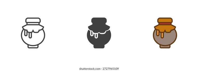 Tarro de miel con el icono de la gota fijado en línea, estilo colorido del contorno sólido y lleno. Icono de miel dulce, signo de Vector de color y símbolo.