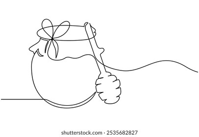 Honey Jar Editable Continuous Line Icon, Continuous one line drawing of honey glass jars. Sweet pure honey. Hand drawn vector illustration, Continuous single line drawing of sweet honey in jar 