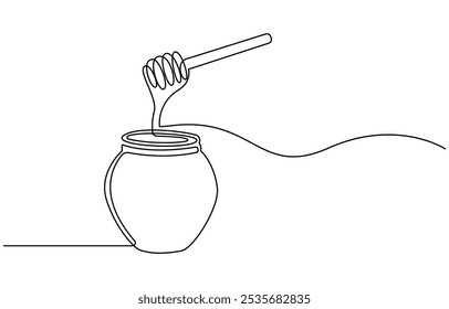 Honey Jar Editable Continuous Line Icon, Continuous one line drawing of honey glass jars. Sweet pure honey. Hand drawn vector illustration, Continuous single line drawing of sweet honey in jar 