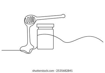 Honey Jar Editable Continuous Line Icon, Continuous one line drawing of honey glass jars. Sweet pure honey. Hand drawn vector illustration, Continuous single line drawing of sweet honey in jar 