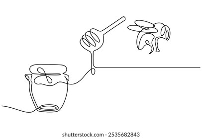 Honey Jar Editable Continuous Line Icon, Continuous one line drawing of honey glass jars. Sweet pure honey. Hand drawn vector illustration, Continuous single line drawing of sweet honey in jar 