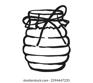 Honey jar with fabric cover and tied ribbon. Black and white hand-drawn vector illustration. Organic food and beekeeping concept for design and print