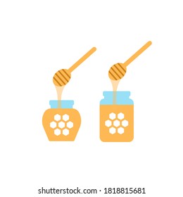 Honey jar flat icon isolated on white background. Healthy organic dessert pot with honeycomb ladle. Sweet honey glass pot logo design with yellow dipper. Flu virus natural medicine vector illustration