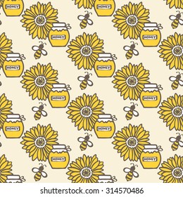 Honey jar, flower and bee. Hand-drawn seamless cartoon pattern with honey pot, bee and sunflower. Vector illustration. Doodle drawing. 