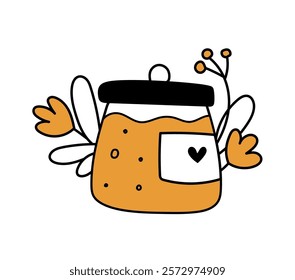 Honey jar with flowers nectar.  Bee keeping icon. Hand drawn vector isolated illustration. 