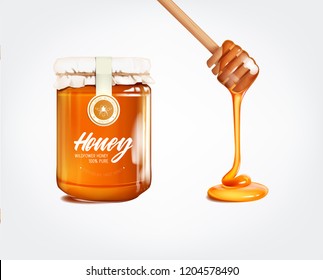 Honey jar and honey flowing, dripping from wooden dipper stick. Honey falling set.