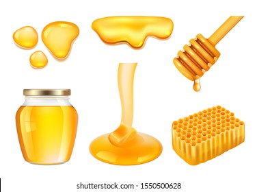 Honey jar. Golden or yellow sticky splashes of farm honey and honeycomb vector realistic illustrations