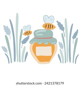 Honey jar grass and flat design bees with lavender