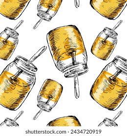 Honey jar hand drawn sketch pattern retro. Vector illustration can used for wrapping paper, label, poster, cards. Engraved or ink vector honey illustrations. 