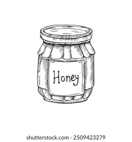 Honey Jar with Honey, Hand-Drawn Vector, Graphic Style, Cartoon Illustration, Black and White, Sketch Style, Isolated on White Background