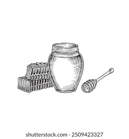 Honey Jar with Honey, Hand-Drawn Vector, Graphic Style, Cartoon Illustration, Black and White, Sketch Style, Isolated on White Background