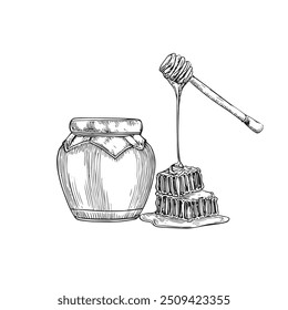 Honey Jar with Honey, Hand-Drawn Vector, Graphic Style, Cartoon Illustration, Black and White, Sketch Style, Isolated on White Background