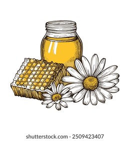 Honey Jar with Honey, Hand-Drawn Vector, Graphic Style, Cartoon Illustration, Black and White, Sketch Style, Isolated on White Background