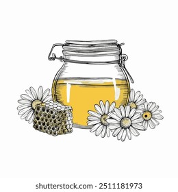 Honey Jar with Honey, Hand-Drawn Vector, Graphic Style, Cartoon Illustration, Black and White, Sketch Style, Isolated on White Background