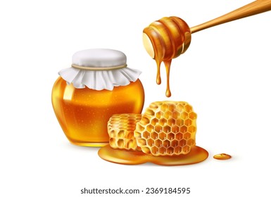 Honey jar and honeycomb. 3D bee comb. Wooden dipper with falling sweet liquid drops. Honeybee gold syrup. Beeswax drip. Beekeeping nectar product. Vector realistic exact natural dessert