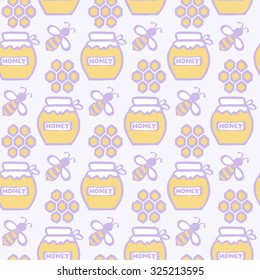 Honey jar, honeycomb and bee. Hand-drawn seamless cartoon pattern with honey pot, bee and combs. Vector illustration. Doodle drawing. Swatch inside