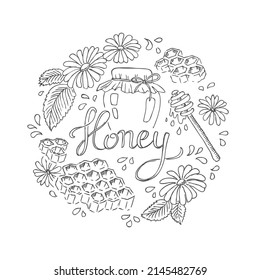 Honey jar, honeycomb and lettering. Circle pattern, monochrome vector illustration.