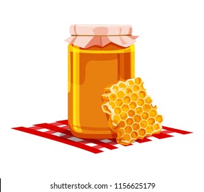 Honey jar, honeycombs on bright napkin isolated on white background. Detailed realistic healthy food composition, traditional sweet dessert for Rosh Hashanah, vector illustration.
