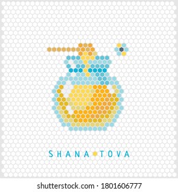 Honey jar icon shaped honeycomb. Vector illustration for Jewish new year holiday Rosh Hashanah. Flat design for greeting card, invitation, poster, web, sticker and t-shirt. Greeting text Shana tova