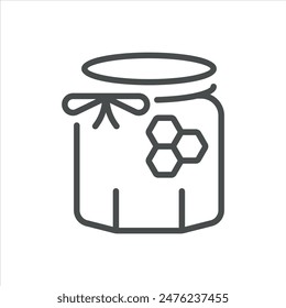 Honey Jar Icon. Simple Line Illustration of a Honey Jar with a Honeycomb Pattern, Symbolizing Packaged Honey Products. Vector Symbol on White Background.