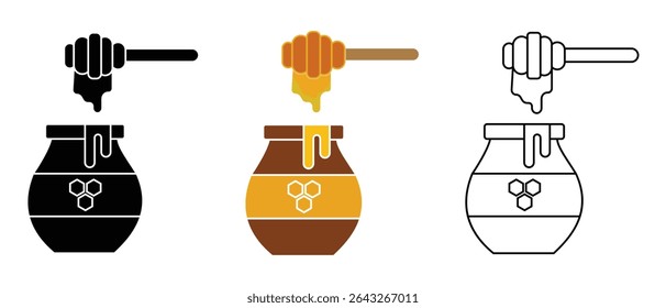 Honey jar icon, vector design. Silhouette of honey pot with honey stick and honeycomb. Delicious food, vector illustration.