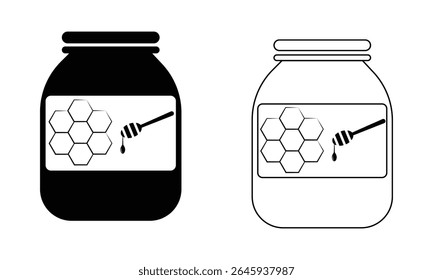 Ilustração do vetor do ícone de jarro de mel. Pote de mel vetor ilustração favo de mel e vara de mel, jarra com vetor de geleia.