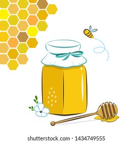 Honey jar isolated with honey, honeycomb and flying bee. Honey in glass jar and honey dipper Vector Illustration. Cartoon flat style.