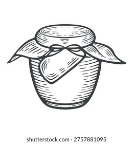 Tarro de miel, mermelada, lleno y sellado, líneas, dibujado a mano, blanco y negro, ilustración gráfica, grabado aislado