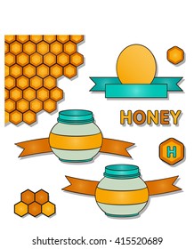 Honey jar and labels set. Isolated vector collection.