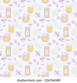 Honey jar, lavenderand bee. Hand-drawn seamless cartoon pattern with honey pot, bee and lavender bouquet. Vector illustration. Doodle drawing. Swatch inside