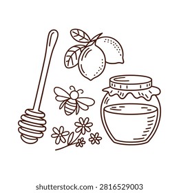 Honey Jar With Lemon And Bee Line Art Illustration