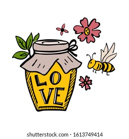 Honey jar with love lettering and flying bee. Illustration in flat style.