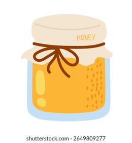 Honey jar made of glass with a tied cover, showcasing a rich golden color