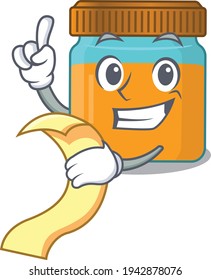 Honey jar mascot character style with a menu on his hand