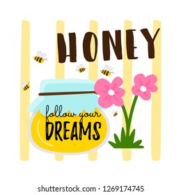 Honey in a jar next to bees fly and flowers grow. Cartoon vector. Written by honey.