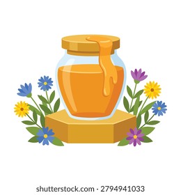 Honey jar on a block surrounded by flowers for food graphics, beekeeping content, natural sweetener promotions, and packaging materials