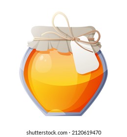 Honey jar on isolated background. Beautiful decoration of honey packaging with a rope with a label