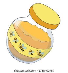 Honey jar on a white background, decorated with an ornament with bees, color vector illustration in cartoon style. For packaging products, children's books, notebooks, clothing, logos, emblems, dishes